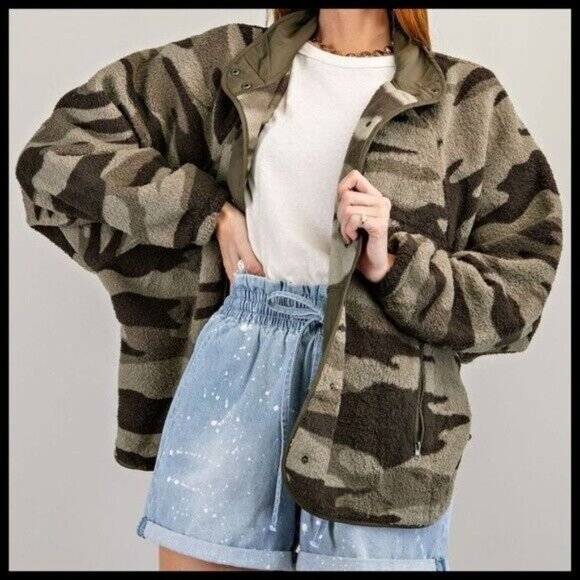 EASEL SUPER Soft & Cozy Camo Print Lined Fleece Jacket Snap Closure Side Pockets - Picture 5 of 15